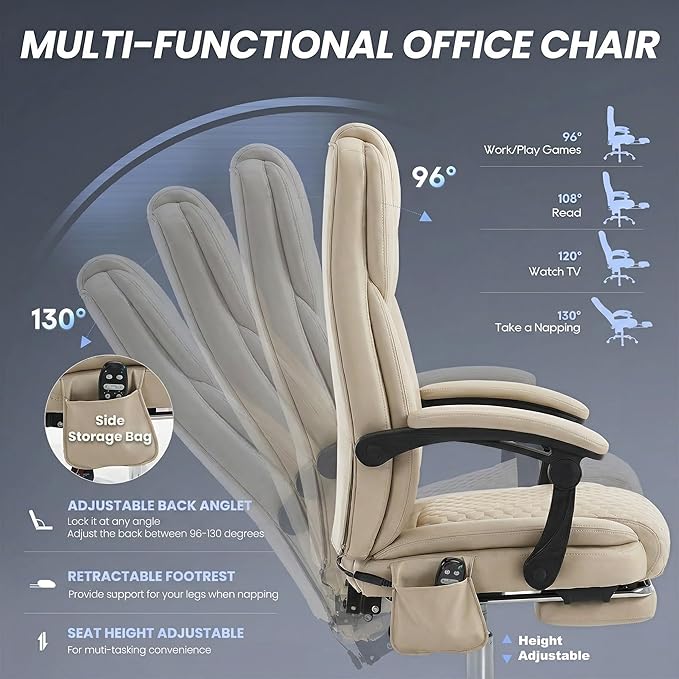 MALOL Massage Office Chair with 3-Level Heat and Footrest – 20-Min Easy Assembly, 300 lbs Big and Tall Reclining Desk Chair, PU Leather Ergonomic Executive Computer Chair with Side Pocket, Beige