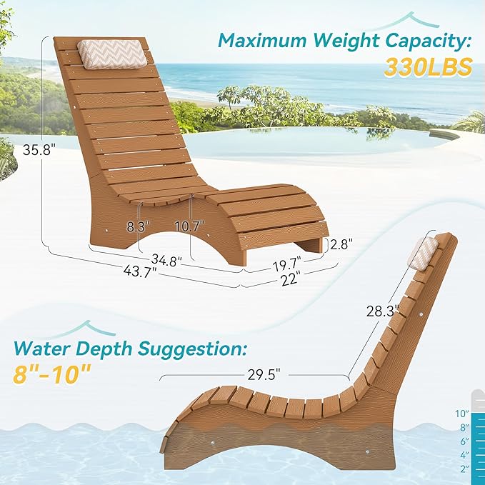 HDPS Pool Lounge Chairs, Use in Pools Lounge Chairs up to 10-Inches of Water, Chaise Chairs with Headrest, Lounge Chair Outdoor, Fade-Resistant Pool Lounger for Deck