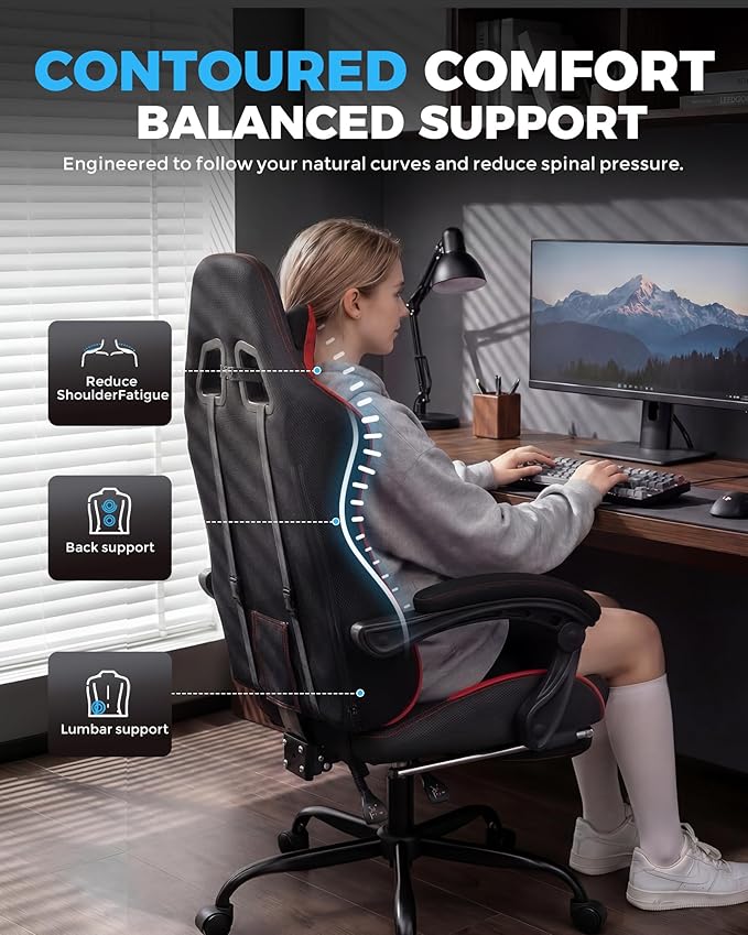 GTPLAYER Gaming Chair Fabric with Pocket Spring Cushion,Computer Office Chair with Lumbar Support for Adults Linkage Armrests and Footrest Ergonomic Gamings Chairs Height Adjustable RED