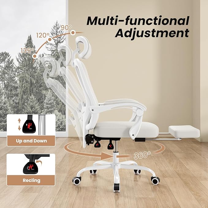 Farini Office Chair with Footrest, Ergonomic Mesh Office Chair with Headrest, High Back Desk Chair with Lumbar Support, Swivel Computer Chair for Office Study Room, White and Beige