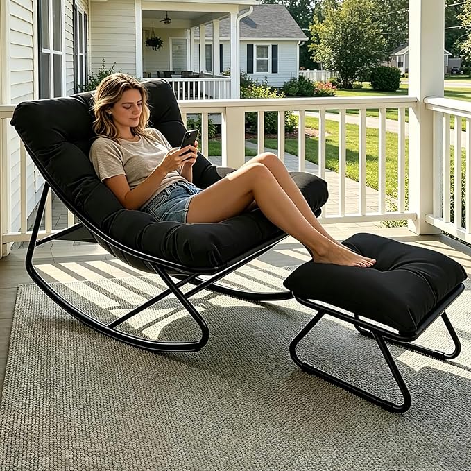 Outdoor Rocking Chair, Rocking Chair with Foot Rest, Comfy Rocker Chairs with Thick Cushion and Frame, Mecedora for Balcony, Living Room, Patio (Black.)