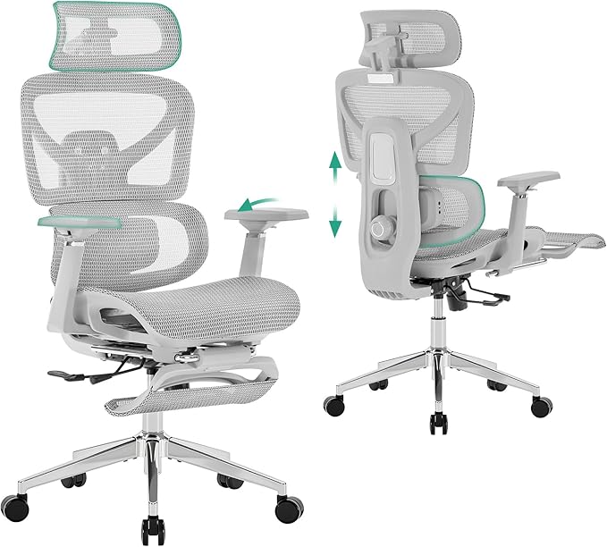Cozyman Ergonomic Office Chair with Footrest - 5-Level Adjustable Lumbar Support & 90-135°Recline, 3D Headrest & 4D Armrests, Breathable Mesh Seat Computer Chair for Home Office, Gaming, Light Grey
