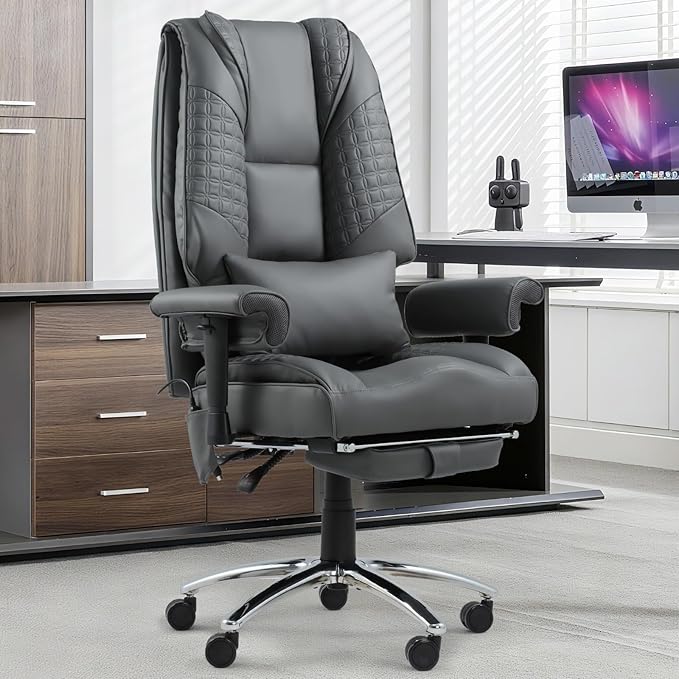 Massage Office Chair with Foot Rest, Ergonomic Executive Heated Office Chair with Reclining Backrest, Adjustable Arms and Lumbar Support, High Back Leather Desk Chairs for Home Office, Gray