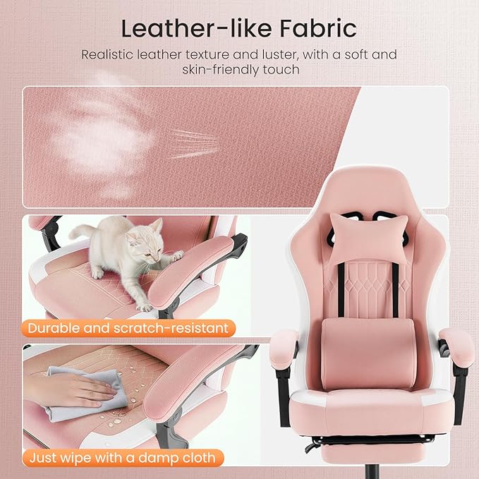Sweetcrispy Video Gaming Chair - Ergonomic Desk Chair with Footrest and Lumbar Support, Height Adjustable High Back Task Chair with Linkage Armrests and Headrest, 360° Wheels, Pink