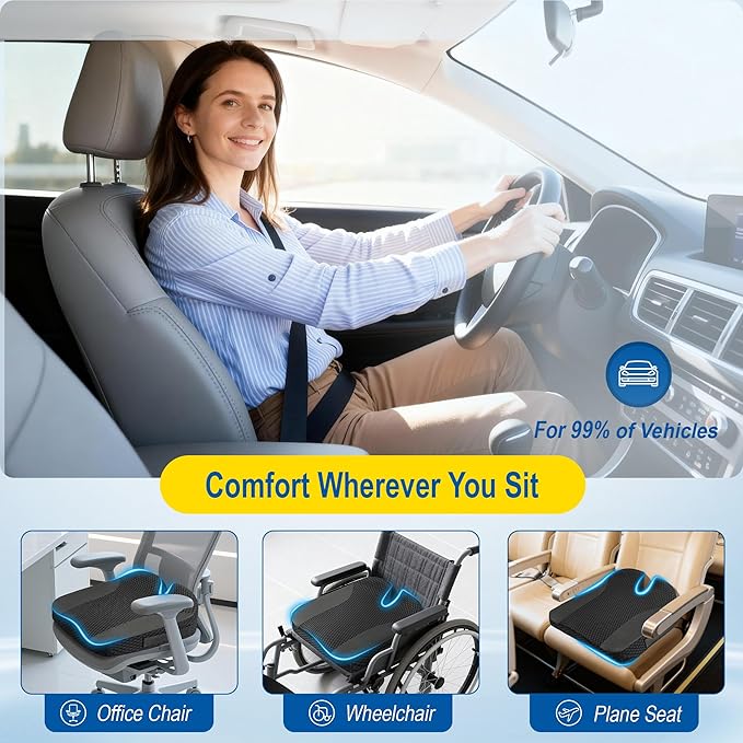 Lofty Aim Car Seat Cushion: Ergonomic Memory Foam Cushion for Driving and Long Drives, for Sciatica and Back Pain, Seat Pillow for Car, Truck, Office Chair, Home, Wheelchair- Black