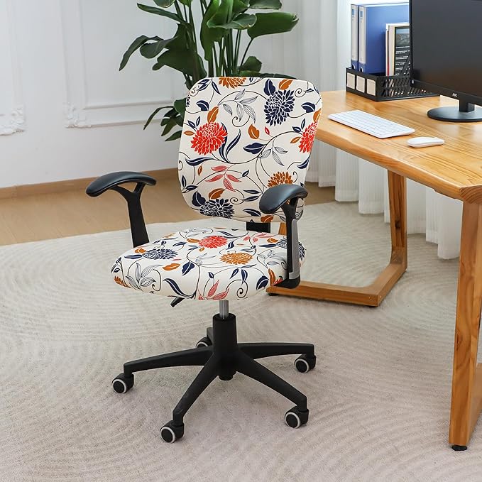 FORCHEER Floral Split Office Chair Covers Two Pieces Stretch Separated Desk Chair Slipcover Washable -Spring Floral