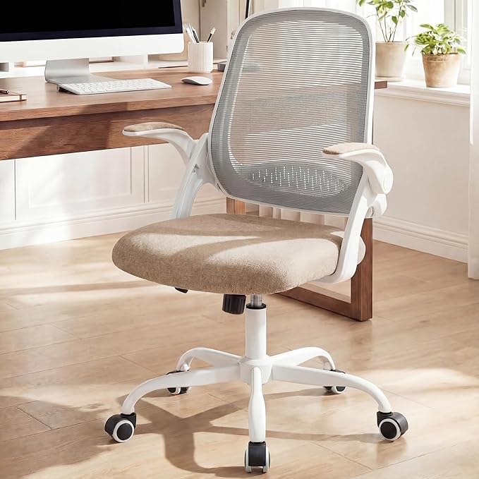 NEO CHAIR Office Chair Computer Desk Chair Ergonomic Gaming Comfy Mesh with Flip-up Arms Lumbar Support Adjustable Height Rolling Wheels for Home Office (Beige)