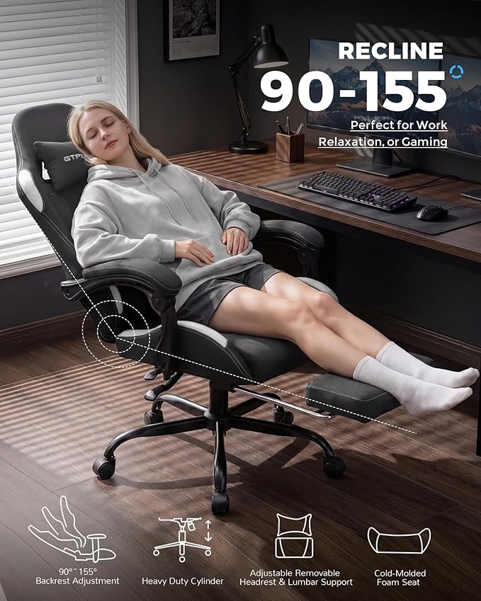 GTPLAYER Gaming Chair Fabric with Pocket Spring Cushion,Computer Office Chair with Lumbar Support for Adults Linkage Armrests and Footrest Ergonomic Gamings Chairs Height Adjustable DARKBLACK