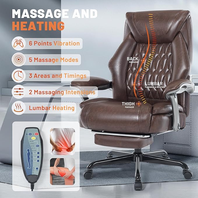 Massage Office Chair with Heat & Foot Rest, 6 Points Vibration, Ergonomic Executive Reclining Desk Chair, PU Leather Padded Seat for Home Office Comfort