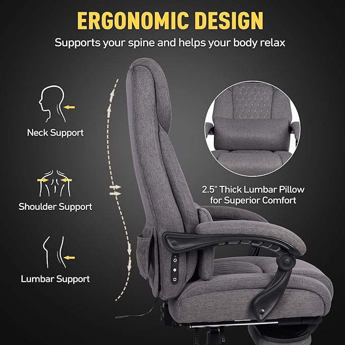 3D Kneading Massage Office Chair with Heat, 500 lbs Big and Tall Executive Computer Desk Recliner, Electric Heated Gaming Chairs with Massage & Footrest, Grey,