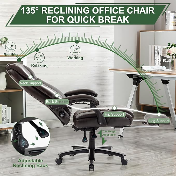 Reclining Office Chair with Retractable Footrest & Adjustable Lumbar Support - 500 lbs Capacity for Big and Tall Users, Leather Executive Desk Chair for Home Office, Work, and Relaxation, Brown