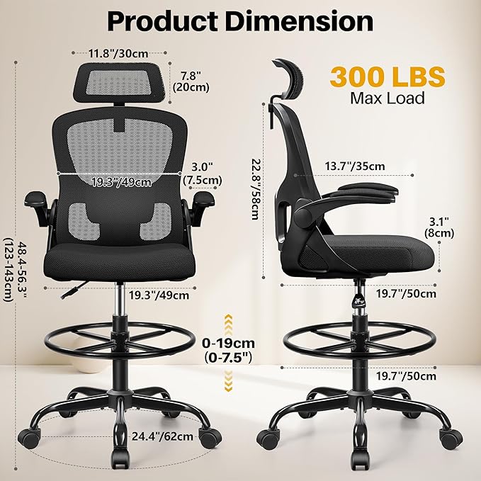 Drafting Chair, Tall Office Chair for Standing Desk, Ergonomic High Back with Headrest, Lumbar Support, Foot Ring and Flip-up Armrests, Black