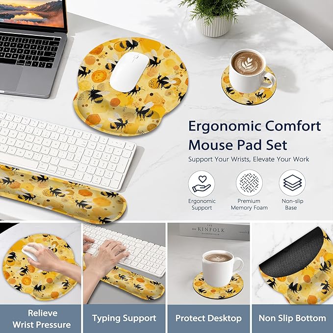 Ergonomic Keyboard and Mouse Wrist Rest Set, Cute Bee Mouse Pad with Non Slip Base, Soft Cloth Surface for Office and Home Typing Support