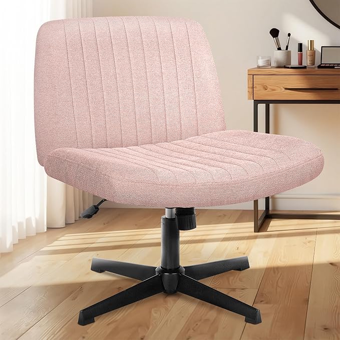 NEO CHAIR Criss Cross Chair No Wheels Armless Cross Legged Office Desk Wide Comfy Vanity Makeup Chair Adjustable Computer Task for Home Office Fabric (Pink)
