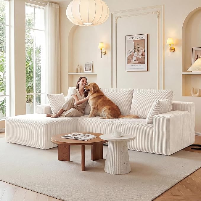 GRUSIGN Cloud Sectional Boneless Couches for Living Room, Modular L Shaped Couch with Deep Seat Oversized Left Facing Chaise, Memory Foam Compressed Spineless 3 Seater Sofa for Apartment, Beige | No Assembly Required, Deep Seat, Cat-Claw Resistant, Fle...