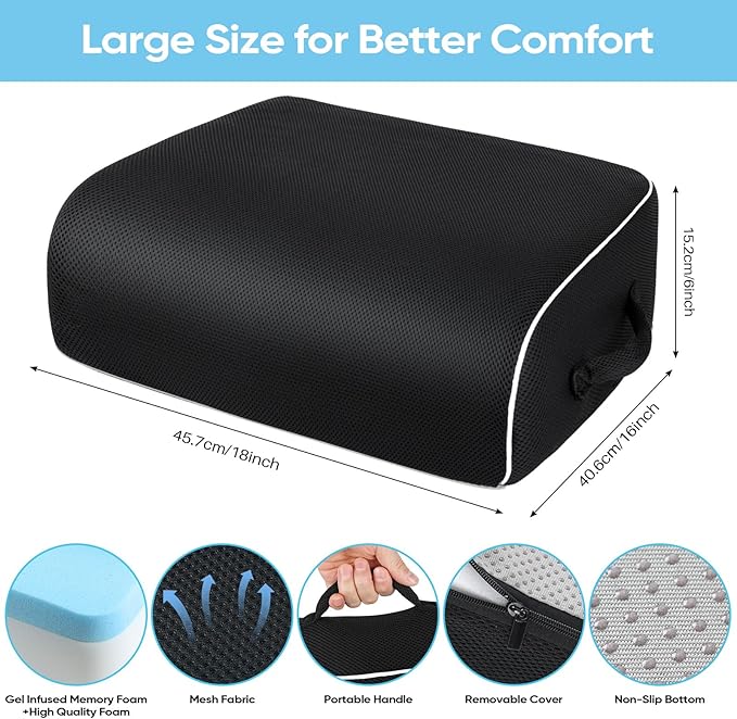 Thick Chair Cushions, Office Booster Seat Cushion to Tailbone Pain Relief, Non Slip Memory Thick Foam Cushion with Carry Handle 6"-Black