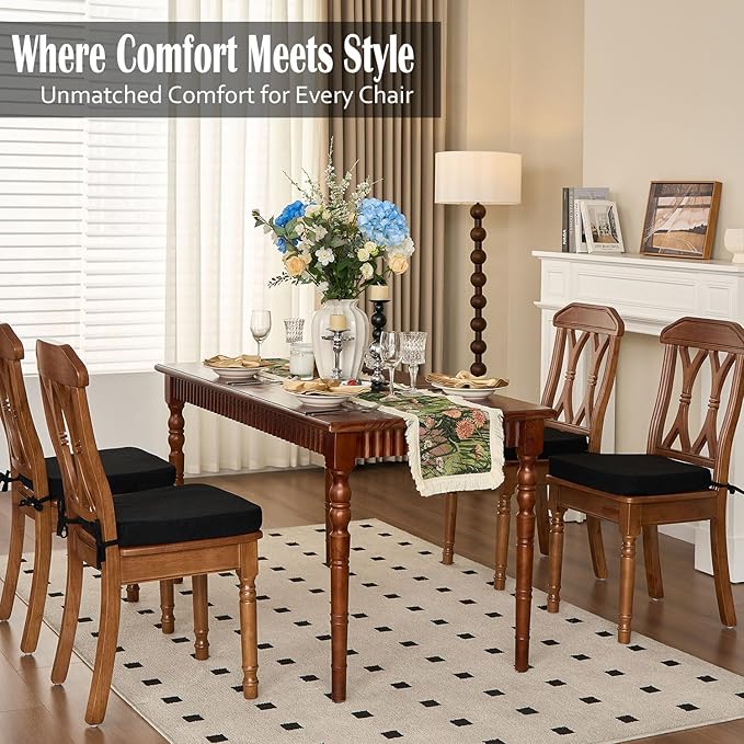 2'' Thick High-Density Foam Indoor Chair Cushions | Dining Chair Pads with Ties, Removable Washable Cover, Kitchen Chair Cushions 17"x16", Black 6 Pack
