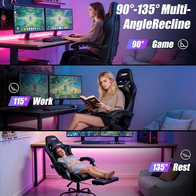Gaming Chair with Footrest, Ergonomic Game Chair with Lumbar Support and Linkage Armrest, Reclining Computer Chair Height Adjustable for Home Office (1001-Black)