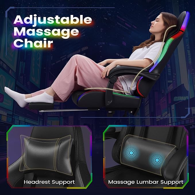 Homall Gaming Chair, Video Game Chair with Footrest and Massage Lumbar Support, Ergonomic Computer Chair Height Adjustable with Swivel Seat and Headrest (RGB Dark Black)