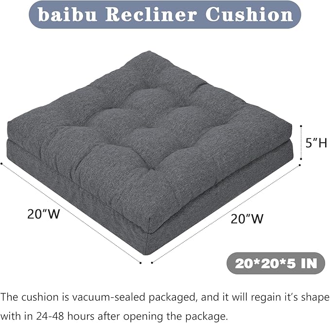 baibu Large Memory Foam Recliner Cushions for Elderly, 20x20x5 Inch Thick Dual-Layer Patent Design Non-Slip Recliner Seat Cushion for Couch for Easy to Stand Up & Reduce Hip & Lumbar Pain, Dark Grey