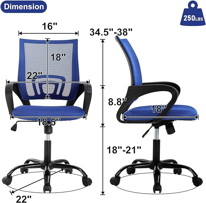Computer Desk Chair,Work Chairs for Home Office,Ergonomic Office Chair with Lumbar Support,Mesh Office Chair with Arm and Wide Comfortable Seat,Adjustable Rolling Office Chair,Blue