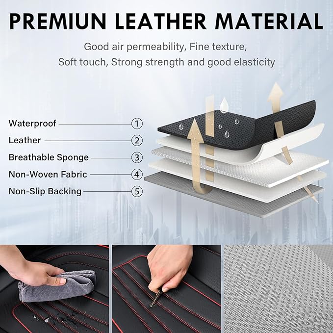 Coverado Car Seat Covers Full Set, 5 Piece Car Seat Protector with Lumbar Support & Removable Headrest, Breathable Leather Front Rear Seat Cushion Universal Fit for Truck Automotive Black & Red