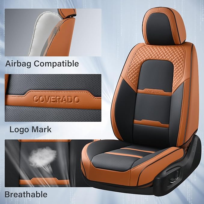 Coverado Car Seat Covers Full Set, 5 Piece Car Seat Protector with Removable Headrest, Nappa Leather Breathable Front Rear Seat Cushion Side All Wrapped Universal Fit Truck Automotive Most Cars Brown
