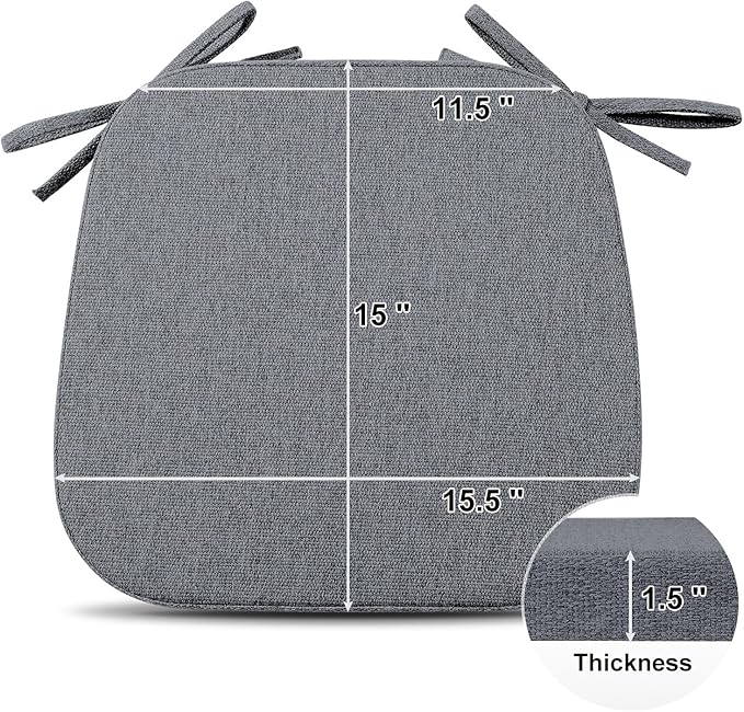 Shinnwa Seat Cushions for Kitchen Chairs Set of 4, Non Slip Dining Room Chair Cushion with Ties, 4 Pack, 15 x 15.5 inches, Dark Gray