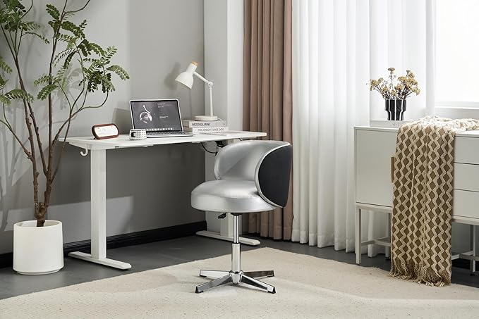 VINGLI Cute Small Swivel Desk Chair Comfy no Wheels,Ergonomic Low-Back Lumbar Support Vanity Nail Tech Computer Task Stool Chair for Home Office,Height Adjustable,PU Leather Silver&Suede Black