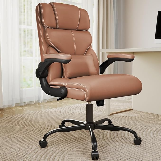 Executive Office Chair with Flip-up Armrests,Ergonomic Computer Desk Chairs,Mid-Tall Back Leather Office Chair 400 Lbs,Lumbar Support Swivel PC Chair with Rocking Function