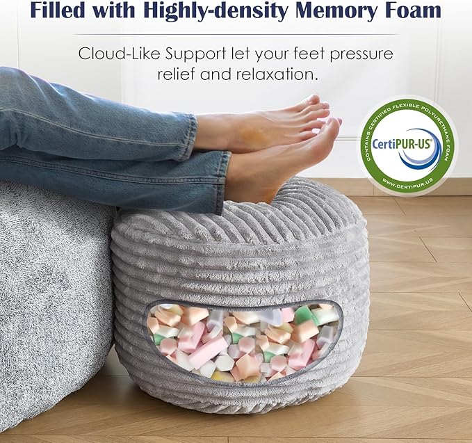 SHOUREN Stuffed Round Ottoman,Corduroy Pouf Ottoman Foot Rest with Foam Filling,Pouf Storage Ottoman Footstool for Living Room,20 X 15 Floor Poufs for Couch - 20 X 15 Inches,Light Grey