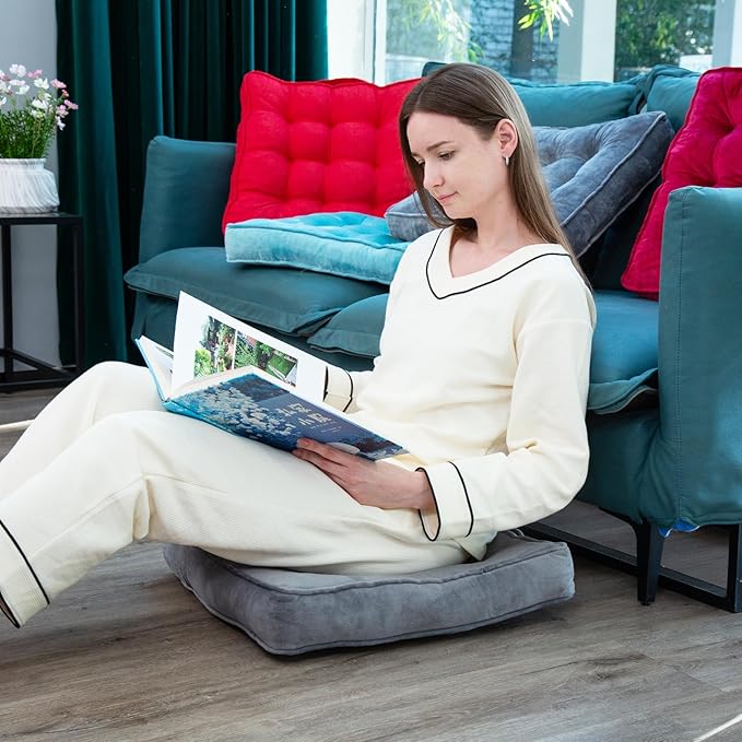 1 MIDDLE ONE Floor Pillow Set of 2, Memory Foam Meditation Cushion, Floor Cushions for Adults Sitting, Large Square Seat Cushions for Yoga, Living Room, 22x22 Inch (Grey)