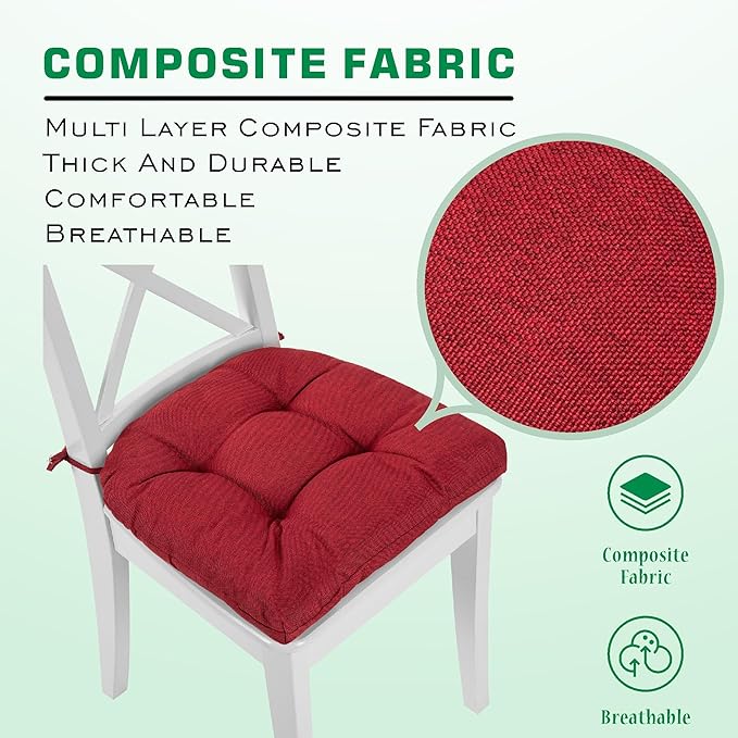 SQUARE MOON Chair Cushions for Dining Chairs, 3 Inch Thick Comfortable Kitchen Chair Pads, Dining Room Seat Cushions with Ties, Machine Washable, 17" x 16" x 3", 4/Pack, Wine Red