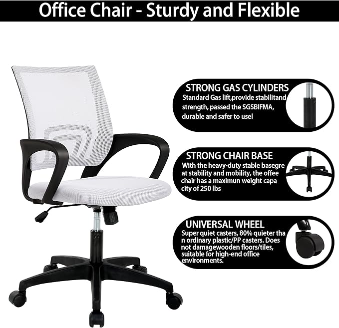 Backrest Office Chair - Ergonomic Mesh Design with Height Adjustable 17.7-20.7", Day Work, PVC Base, White