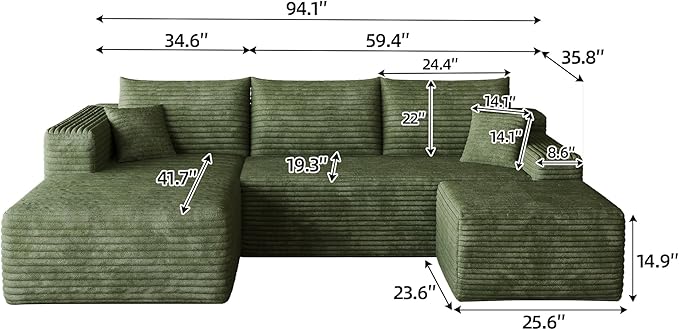 94" Green Fluffy Couch with Ottoman for Living Room, Corduroy No Bones Sectional Couch,Compressed Memory Foam Cloud Sofa,No Assembly Required,Left Facing Chaise,Green