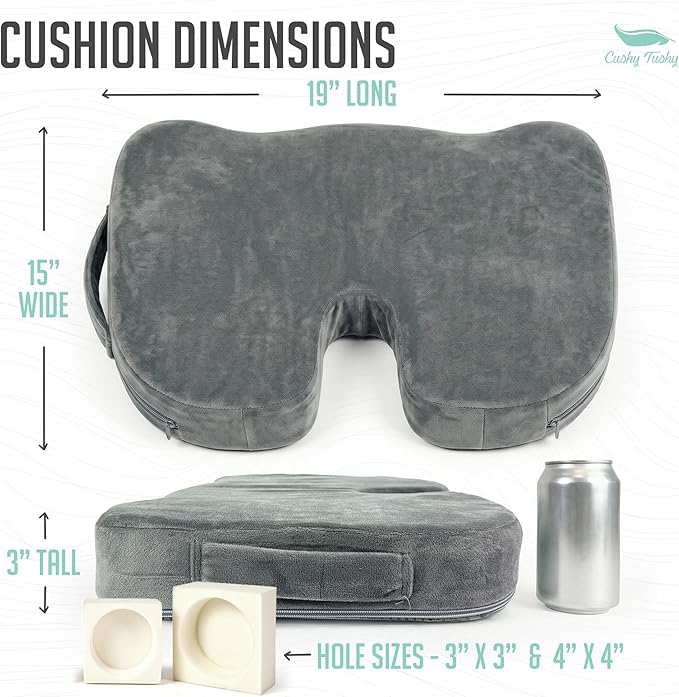Cushy Tushy Premium Seat Cushion with Moveable Holes, Customizable Foam – Relief for Lower Back, Sciatic, & Tailbone Pain – Perfect for Driving, Home & Office – Gray Fabric Cover