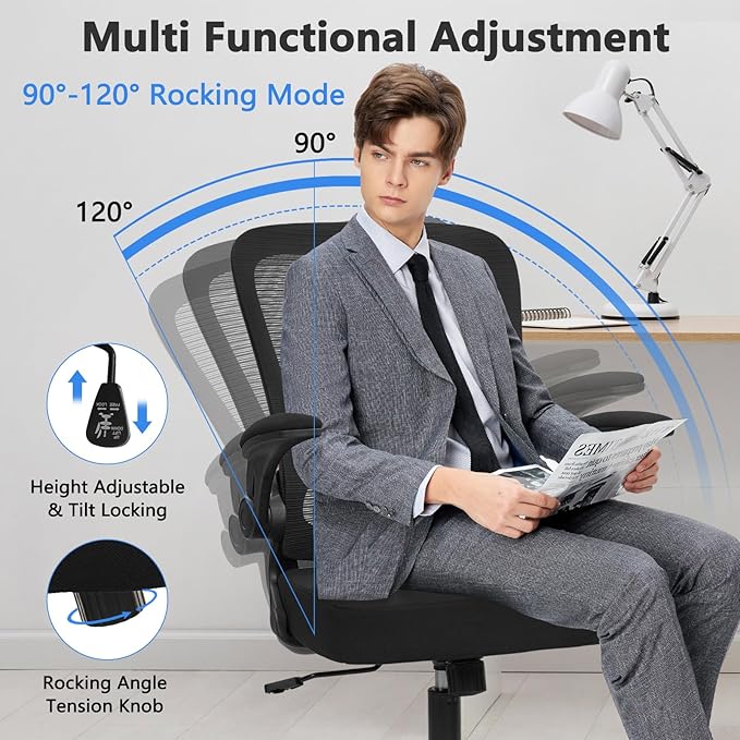 KLASIKA Desk Chairs with Wheels, Ergonomic Mesh Back Home Office Chair Adjustable Lumbar Support and Height Swivel Rolling Computer Task Chairs with Flip Up Armrests for Conference Meeting, Black, 4PK