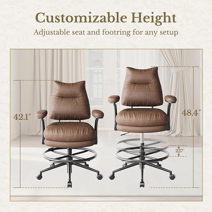 Executive Drafting Chair, Extral Thick Tall Office Chair with Padded Flip-Up Armrests, Mid-Back Cushioned Seat, 360° Swivel Rolling Computer Desk Chair, Vintage Brown