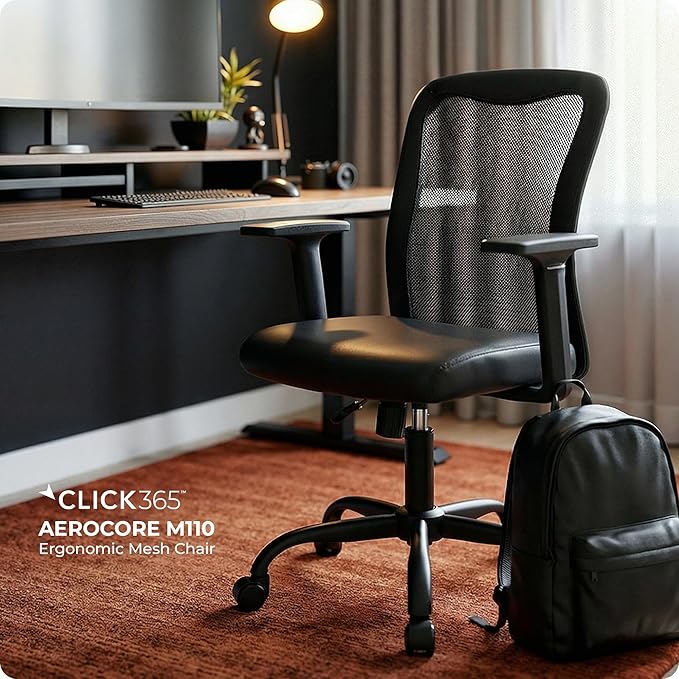 AeroCore M110 Ergonomic Mesh Office Chair, Mid-Back Desk Chair with Lumbar Support, Adjustable Height 360 Swivel, Rolling Wheels, Padded Seat, Small Space Home Office, 275 lb Capacity, Black