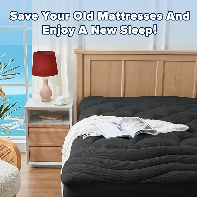 ELVEN HOME Full Size Mattress Pad for Pain Relief, Quilted Fitted Cooling Mattress Topper for Double Bed, Pillow Top Mattress Protector Cover with 8-21" Deep Pocket (54x75 inch, Black)