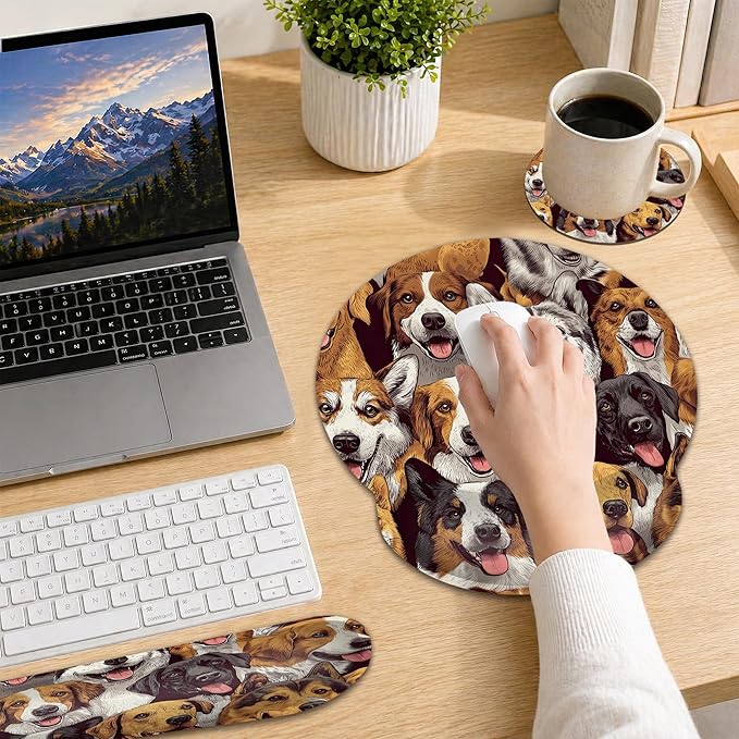 Wrist Rest Mouse Pad and Keyboard Support Set,Cute Dog 3 in 1 Ergonomic Memory Foam Mousepad with Non Slip Base, Gaming Mouse Pad for Office and Home