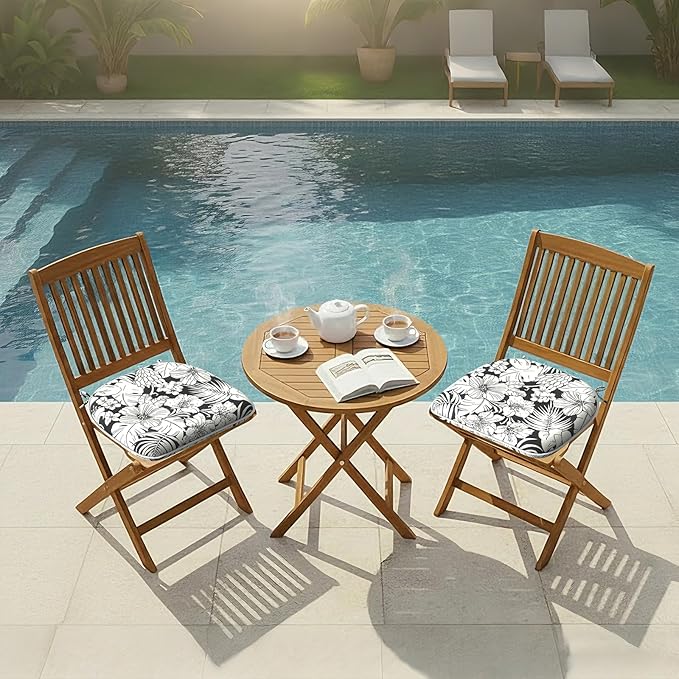 DYTXIII Set of 2 Outdoor Chair Cushions with Ties, Water Repellent Patio Chair Pads 17"x 16" for Outdoor Furniture, Round Corner Seat Cushions for Garden Yard Kitchen Tropical Blossom Noir