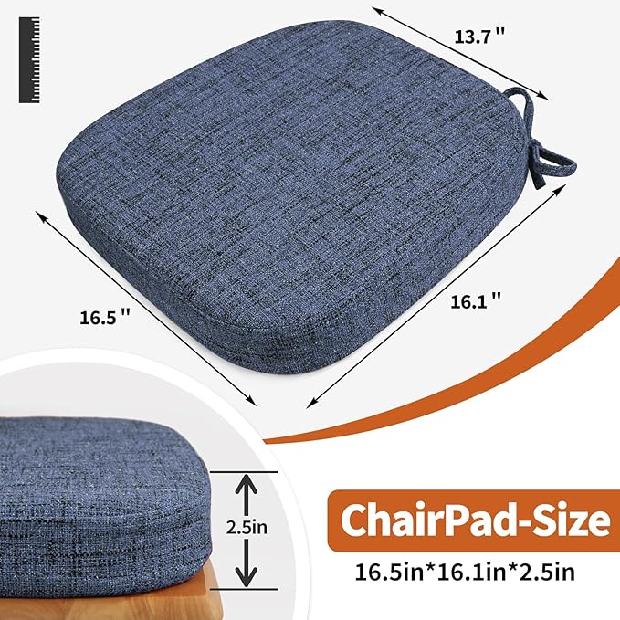 SINOSSO Chair Cushions for Dining Chairs, Soft Blended 2.5" High Density Support Foam Kitchen Seat Cushions with Ties, U-Shaped Non-Slip Indoor Chair Pads, 16.5" x 16", 2 PCS, Blue
