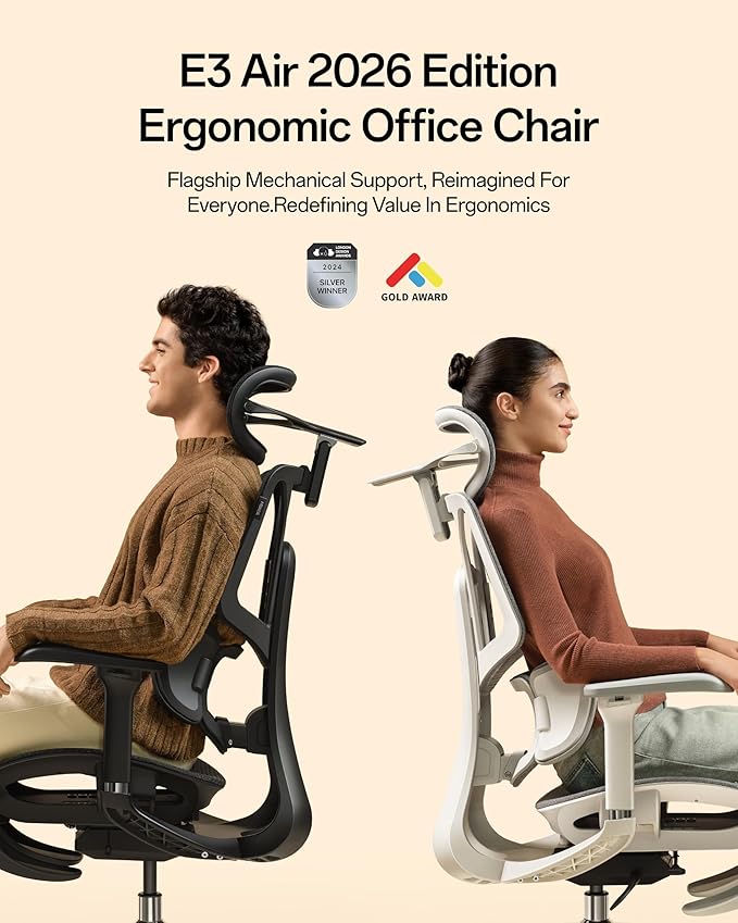 Hbada E3 Air 2026 Ergonomic Office Chair, 3-Zone Lumbar Support, Comfy Home Office Chair with Auto Recline, 4D Headrest & Armrests, 140° Tilt for Work & Relax, Grey with Footrest