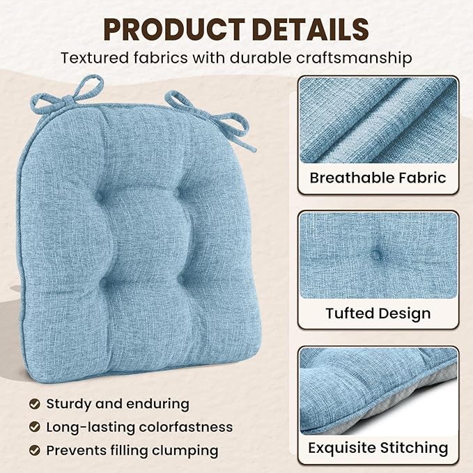 downluxe Indoor Chair Cushions for Dining Chairs, Tufted Overstuffed Textured Kitchen Chair Pads with Ties and Non-Slip Backing, 15.5" x 15.5" x 4", Light Blue, 4 Pack