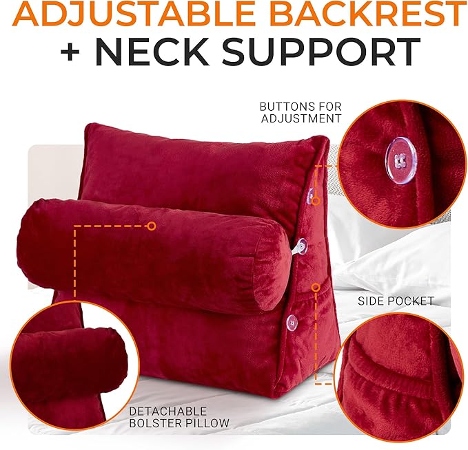 Cheer Collection Reading Wedge Pillow - Adjustable Wedge Reading Pillow with Neck Support, Hollow Fiber-Filled Backrest Pillow for Reading, Gaming, and TV Watching, Maroon