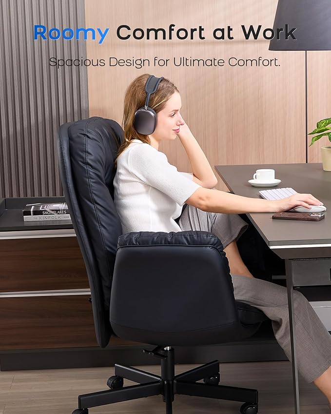 LukkDys Executive Office Chair, Big & Tall 400 lbs Capacity, Wide Seat, PU Leather, 5-Gear Lay-Flat Armrests (90°–180°) for Cross-Legged Comfort, 90–115° Recline, High Back Desk Chair, Black