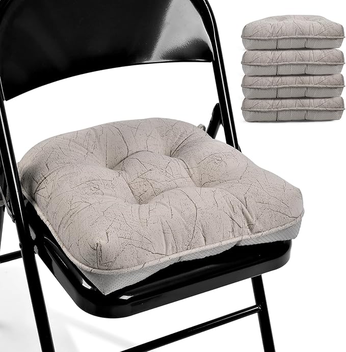 Marble Pattern 3" Chair Cushion for Dining Chair, Filling Bite-Size Memory Foam U-Shaped Seat Cushions for Kitchen Chairs, Non-Slip Indoor Chair Pad with Ties, Set of 4, Wood Color