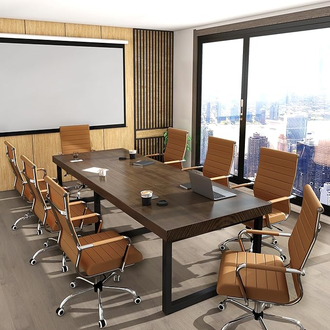 Home Office Chair Ribbed, Modern Leather Conference Room Chairs, Ergonomic Office Desk Chair, High Back Executive Computer Chair, Adjustable Swivel Chair with Arms (Brown)