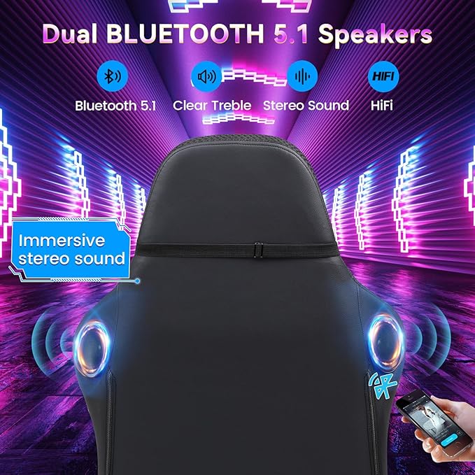 GTPLAYER RGB Gaming Chair with Speakers, Computer Gamer Chair with Footrest and LED Lights, PC Gaming Chairs for Adults, High Back Reclining Office Chairs, Linkage Armrest (Black)